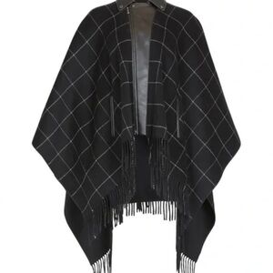BCBG Chic Black Plaid Faux Leather Fringe Cape